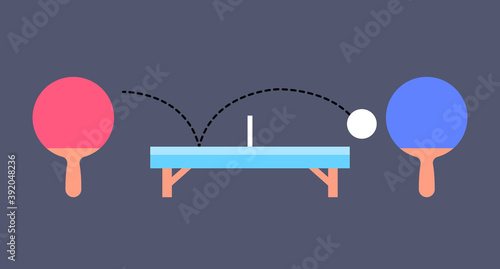 Two rackets and ball for playing table tennis. Ping pong. Illustration on blue ping pong table background. Sport design