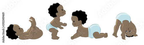 Set of vector illustrations with cute black little newborn babies. Dark skin, black eyes. African American children. White background. African children