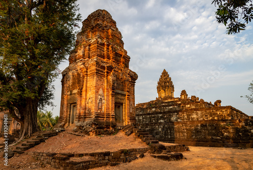 Comparison of new and old style building techniques at Bakong Temple, Roluos Group, Angkor Park, Siem Reap, Cambodia. photo