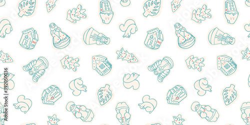 Vector doodle cute kawaii christmas ornament seamless pattern. Hand drawn line art design. Food, packaging, gift wrap. Modern brush design. Perfect for your festive family event.