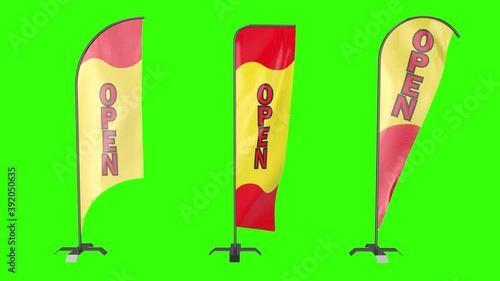 OPEN Feather Flag sign. Outdoor banner flagpole for Gas station or beach . Advertisement bowflag with metal pole. 3 Different types of flags shapes on green screen chroma key background. photo