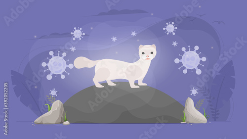 Mink surrounded by a virus. Mink conservation concept. Vector.