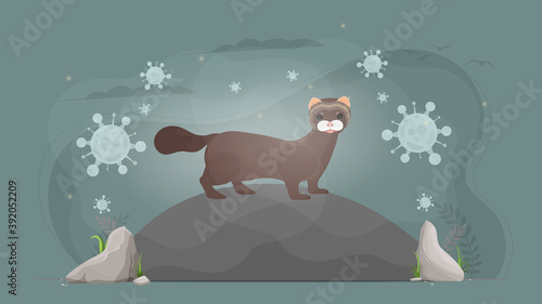Mink surrounded by a virus. Mink conservation concept. Vector.