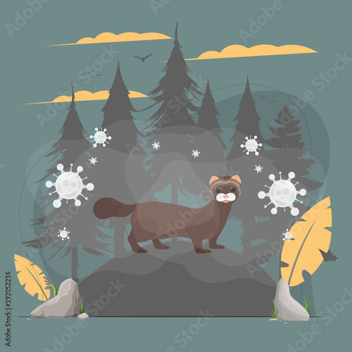 Mink surrounded by a virus. Mink conservation concept. Vector.