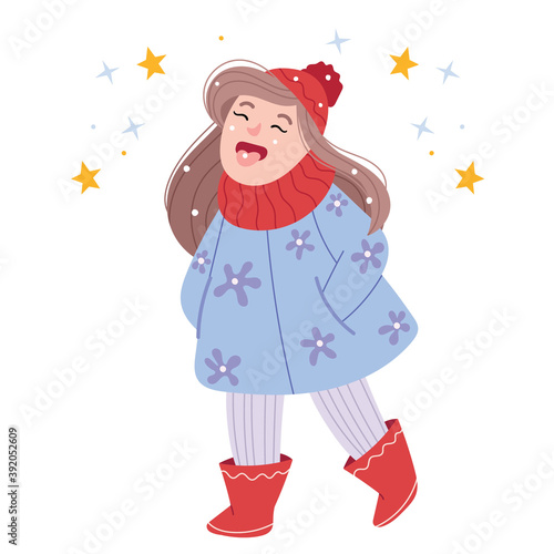 Funny girl catches snow with her tongue.Playing outdoor.Funny cartoon character. Vector illustration.