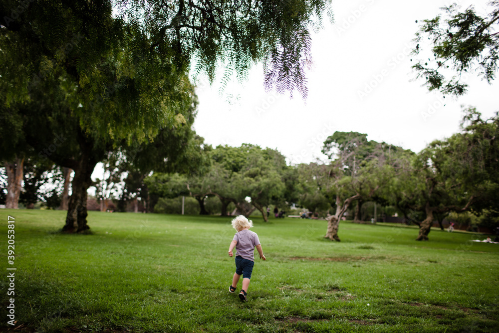 Two Year Old Running Through Park with Back to Camera Two Year Old Running Through Park with Back to Camera