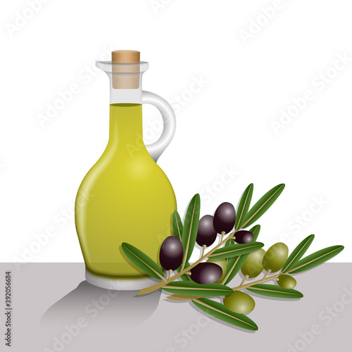 Cuisine - illustration 3D d’une petite bouteille d’huile d’olive avec des branches d’olives vertes et noires.