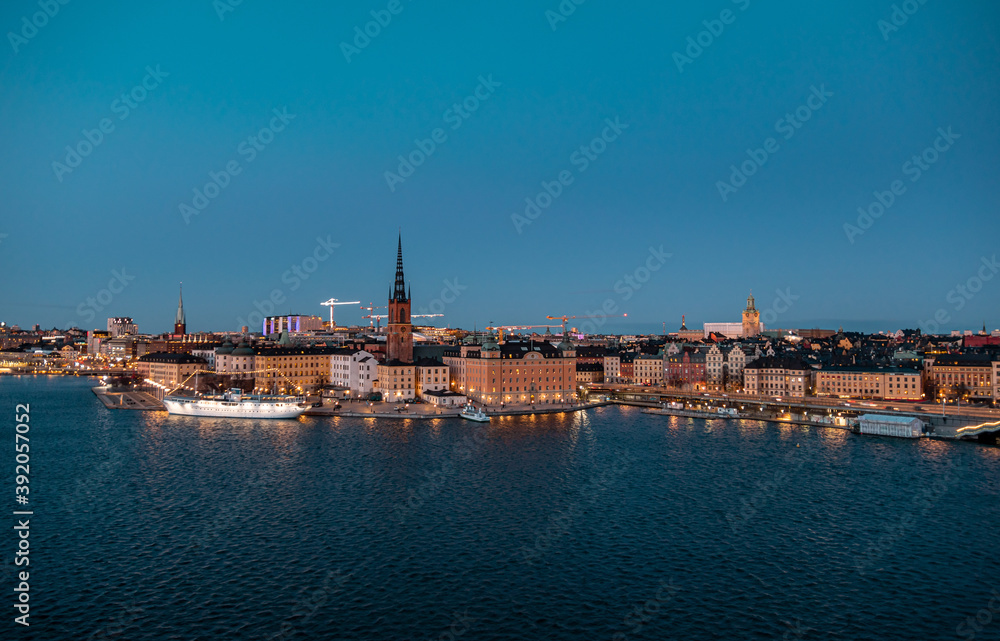 Scenic panorama of the Old Town of Stockholm architecture pier. Gamla Stan.