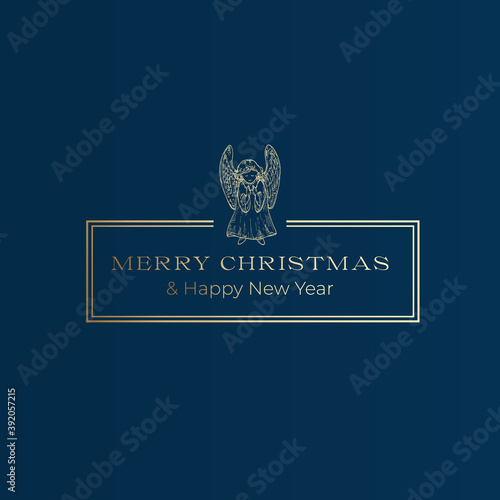 Merry Christmas and Happy New Year Abstract Vector Classy Frame Label, Sign or Card Template. Hand Drawn Praying Angel Sketch Illustration with Vintage Typography. Premium Green Background