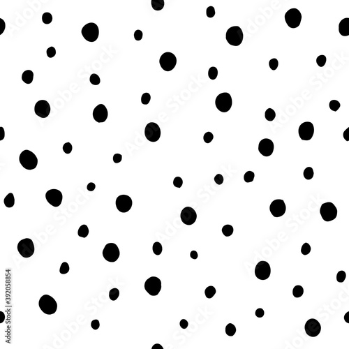 Hand drawn marker black and white abstract background. Snowfall. Seamless pattern, vector round spots isolated on white background