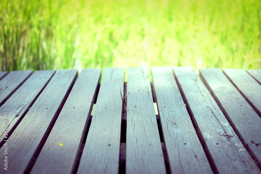 wooden table with rice paddy field background for montage display product wooden table with rice paddy field background for montage display product