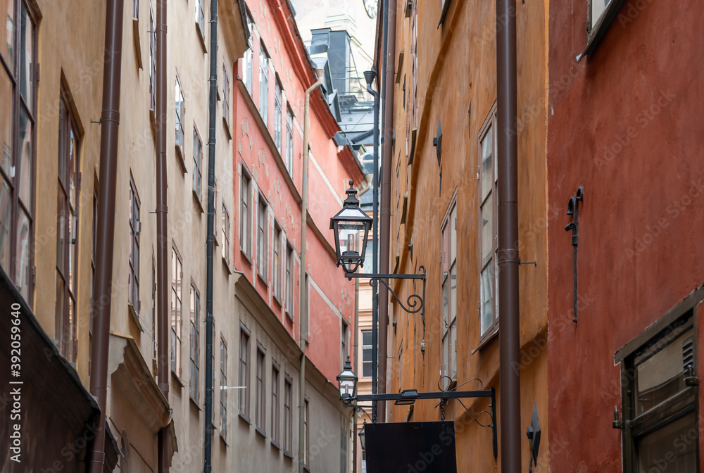 Old narrow street in Gamla Stan, Stockholm, Sweden.