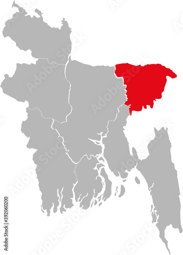 Sylhet division highlighted on Bangladesh map. Gray background.