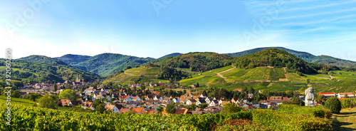 Panoramic view of the stunning village of Andlau in Alsace. Slopes with ripening grapes. Great views of the Vosges mountains. Idyll and grace.