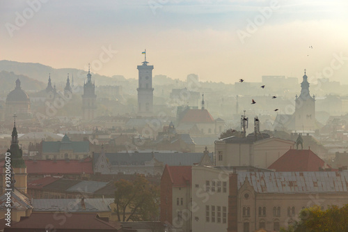 Lviv. Aerial city view in fog.