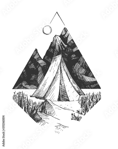 Tent against mountain sketch logo