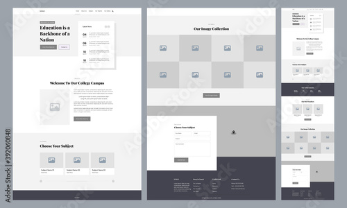 One page landing website design template for education primary school. Landing page ux ui wireframe. Flat modern responsive design. website: home, about, subject, teacher, gallery, fun fact, map.
