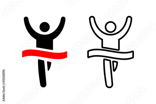 Runner crossing finish ribbon icon. Isolated vector sign symbol. Runner concept. Competition icon. Running sprinter athlete. 