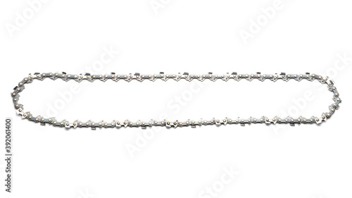 chainsaw chain isolated on white background, flat lay chain links.