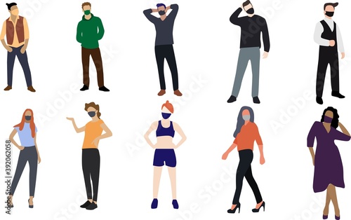 Different people wearing face masks isolated on white background. Man and women potection from coronavirus outbreak, pandemic prevention. Vector illustration in flat design cartoon 
