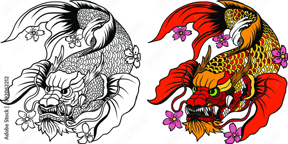 Illustration art in circle. The Japanese art and design to cd-rom or circle cover.Snake, Phoenix, Koi fish and hanya demon's mask design for tattoo.