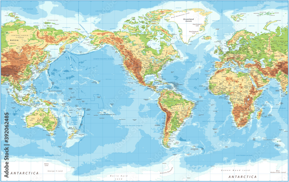 Obraz World Map - American View - Physical Topographic - Vector Detailed Illustration - America in Center