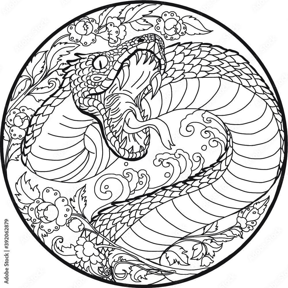Illustration art in circle. The Japanese art and design to cd-rom or circle cover.Snake, Phoenix, Koi fish and hanya demon's mask design for tattoo. Illustration art in circle. The Japanese art and design to cd-rom or circle cover.Snake, Phoenix, Koi fish and hanya demon's mask design for tattoo.