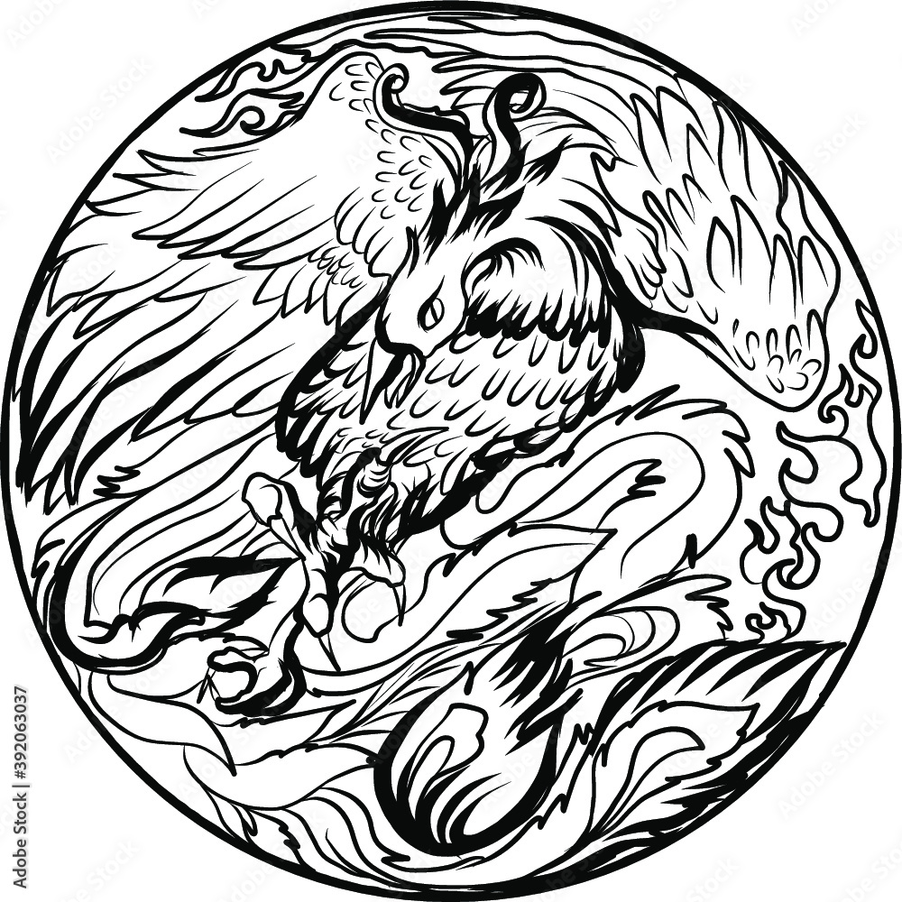 Illustration art in circle. The Japanese art and design to cd-rom or circle cover.Snake, Phoenix, Koi fish and hanya demon's mask design for tattoo.