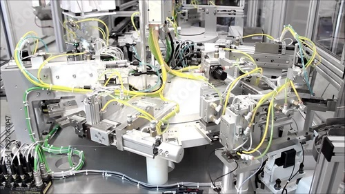 factory robotic electric pneumatic automated machine arms, manufacturing assembling product line, automatic industrial mechanical robot hand automation 4k.