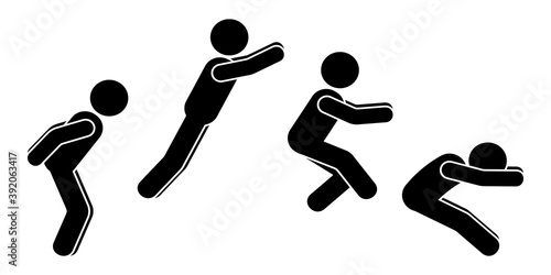Standing long jump position stick figure sportsman vector icon illustration set. Leap sequence move silhouette on white