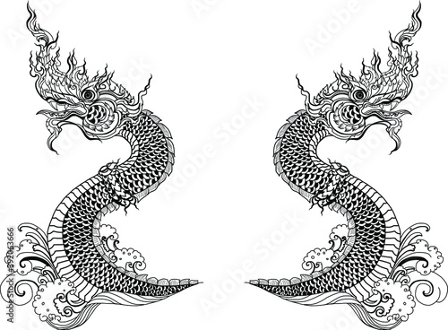 Traditional Line Thai style. Naka Thai Dragon vector and illustration isolate. Naga or Naka is Buddha's animal ,It's king of snake in South East Asia. photo