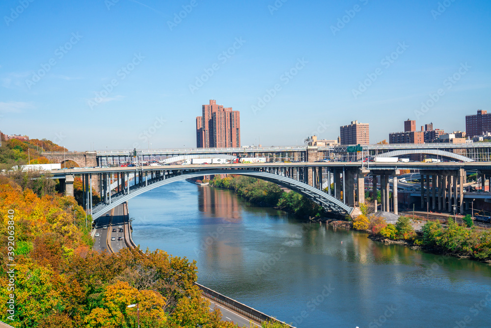 New York / USA - November 7 2020: The High Bridge with highway and colored trees during autumn season