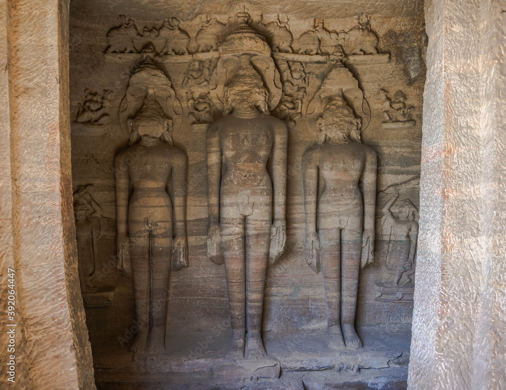 Fototapeta premium Jain sculptures at the western gate to fort Gwalior, India