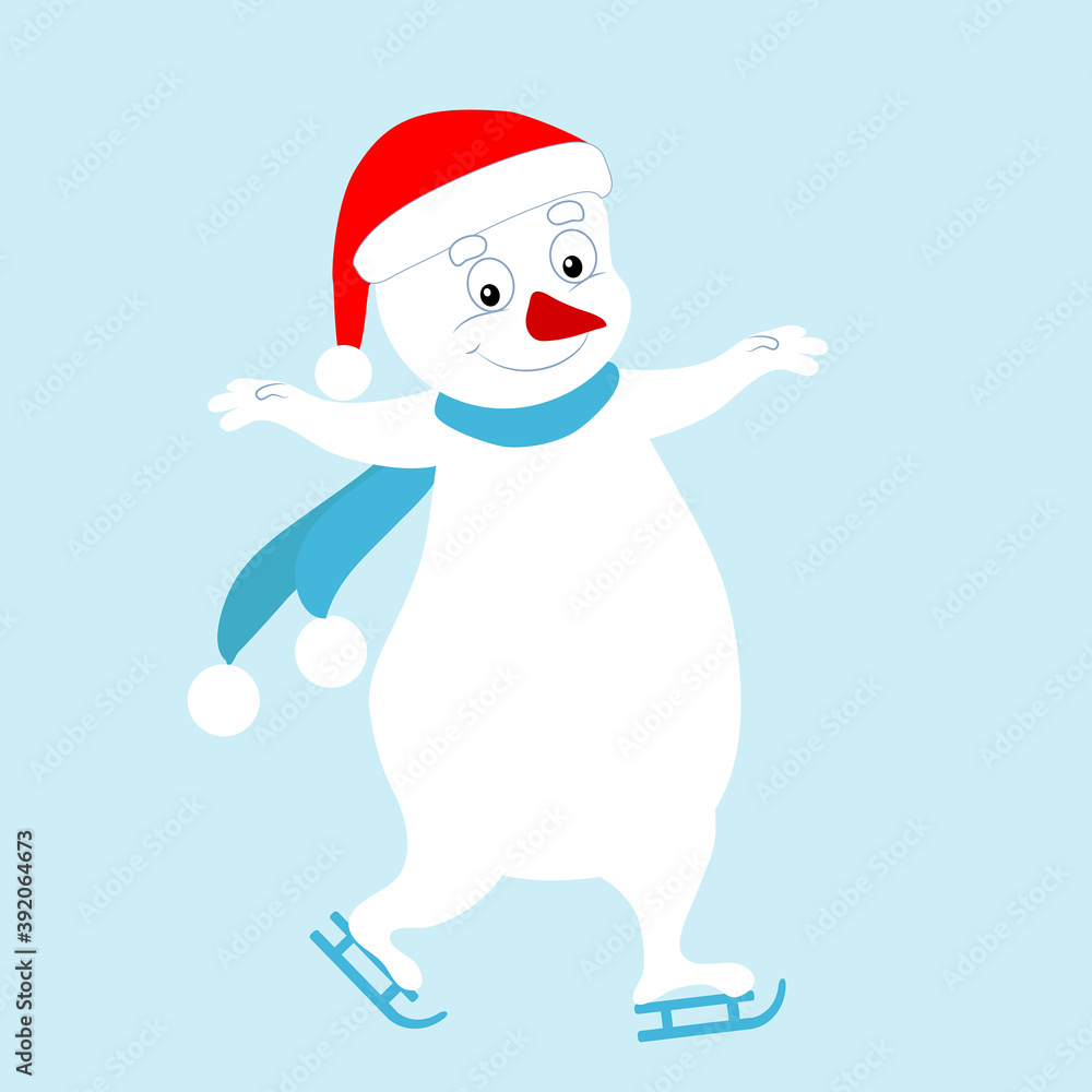 The snowman is ice skating, he is cheerful and cute. Cartoon winter character. Picture for Christmas cards, Christmas balls and holiday decor. The mood of joy and fun.