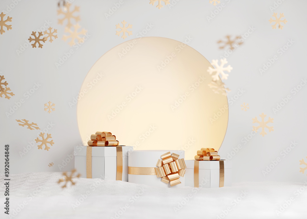 3D White podium,  Christmas background. Display stand with gold gift box. Beauty, cosmetic product presentation. Minimal pedestal showcase with snow and snowflakes. Abstract, winter, snowy  3D render