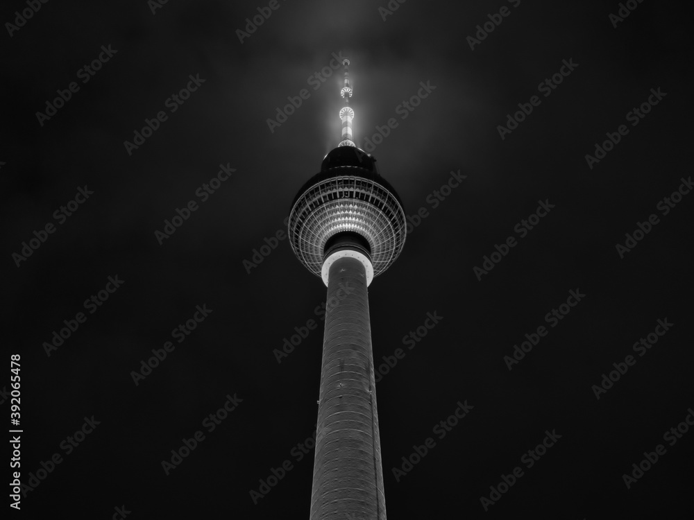 The Berlin TV tower at night in black and white
