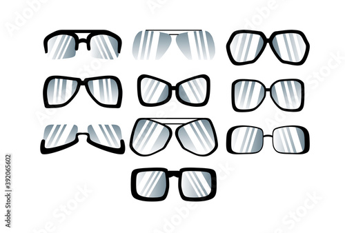 Set of big sunglasses in black frames in a flat style isolated on a white background.Eyeglasses vector illustration. Vintage style glasses rim silhouette. Stylish female opticalin.