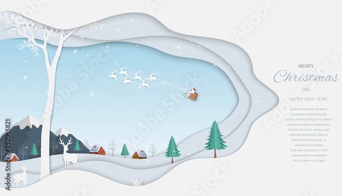 Merry Christmas and Happy new year greeting card,reindeer with Santa Claus on winter background