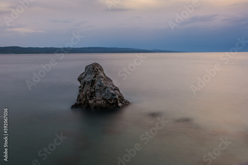 Brela  Makarska Coast  Croatia - August 2020  Brela is one of most important touristic city in Croatia. Big stone in water  long exposure picture.