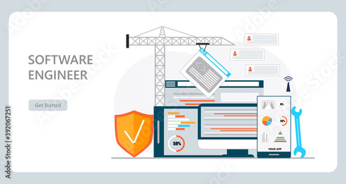 Web developer workplace concept vector for landing page. Construction of website and writes code. Software engineering in digital or AI technology.