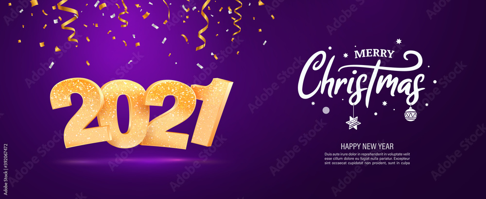 Merry Christmas and Happy New Year 2021 vector web banner template. Xmas holiday lilac background with falling confetti