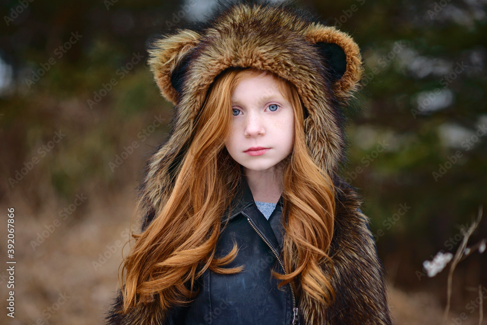 Young Girl Long Red Hair Wearing Bear Spirit Hood Young Girl Long Red Hair Wearing Bear Spirit Hood