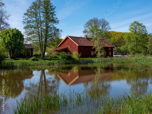 Red barn by a lake in Sweden. It is summertime and trees are reflecting in the water