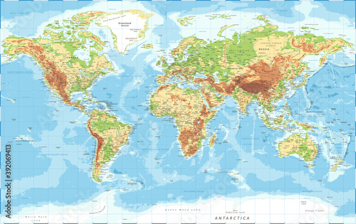 Fototapeta Naklejka Na Ścianę i Meble -  World Map - Physical Topographic -  Detailed Illustration