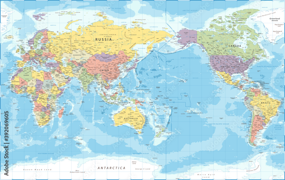 Obraz World Map - Pacific View - Asia China Center - Political Topographic - Detailed Illustration