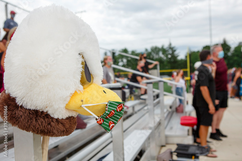 Side-view of an eagle mascot wearing a face mask at a football game photo
