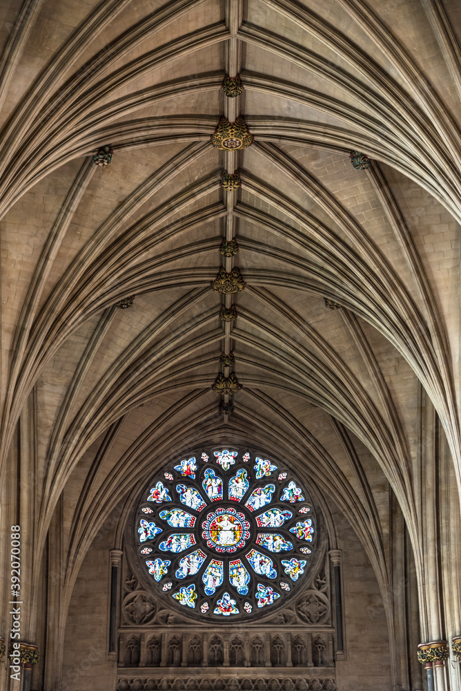Stained glass window inside Bristol Cathedral, England. Interior vault of Bristol Cathedral. 5