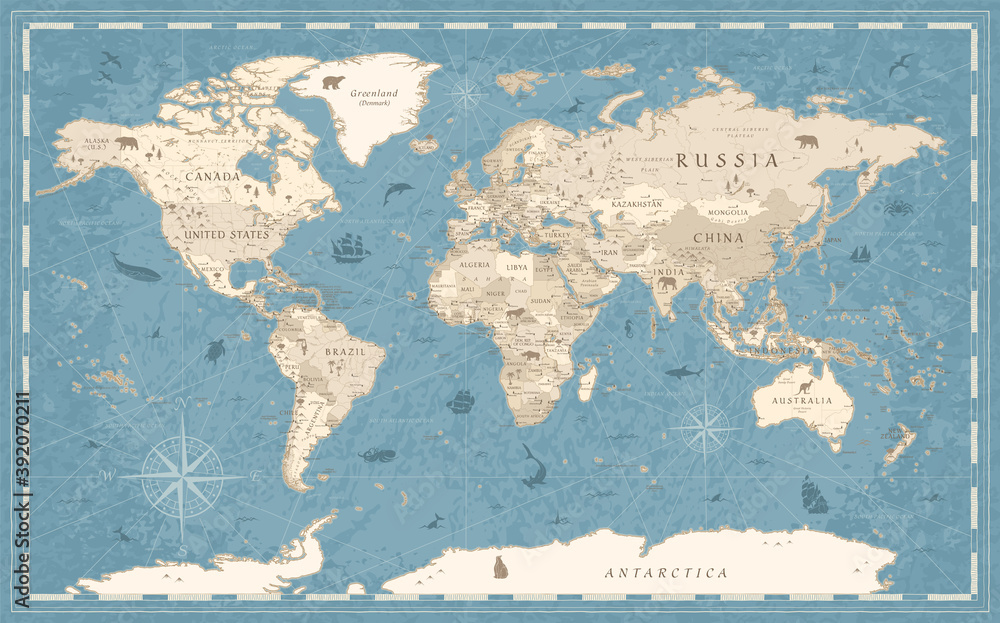 Fototapeta premium World Map Vintage Old-Style - - blue and beige