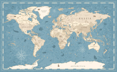 Keuken achterwand Wereldkaart World Map Vintage Old-Style -  - blue and beige  © Porcupen