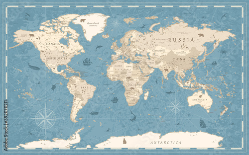 World Map Vintage Old-Style - - blue and beige